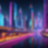 Abstract depiction of a futuristic cityscape with neon lights and skyscrapers