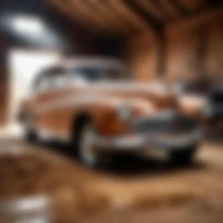 Vintage car covered in dust in old barn