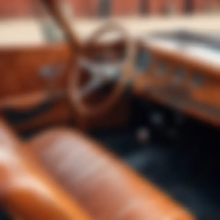 Close-up of weathered leather interior of vintage car