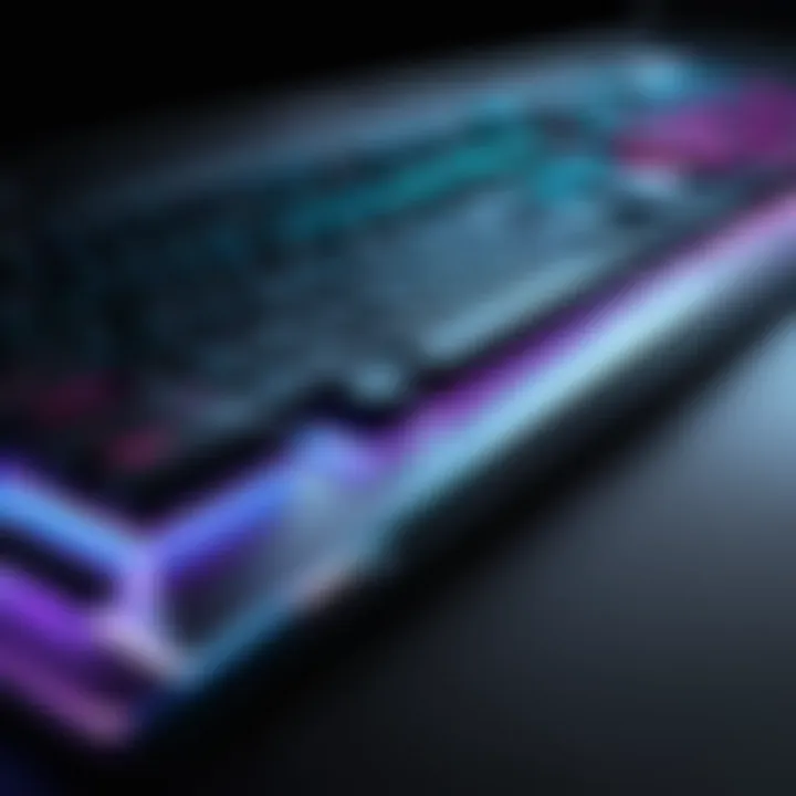 Close-up of a gaming laptop’s keyboard with customizable RGB lighting.