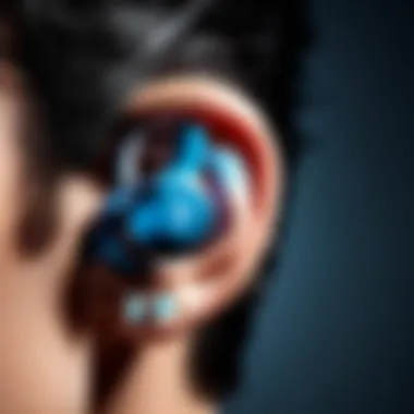 Close-up of Bluetooth earbuds demonstrating microphone feature