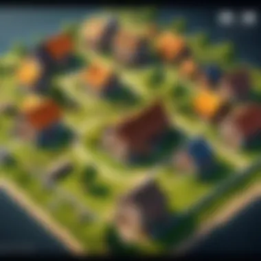 Interactive user interface of a village-building game with engaging elements