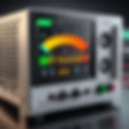 An illustration of a high-efficiency power supply unit with performance metrics displayed.