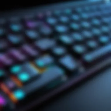 Detailed view of gaming laptop keyboard with RGB lighting