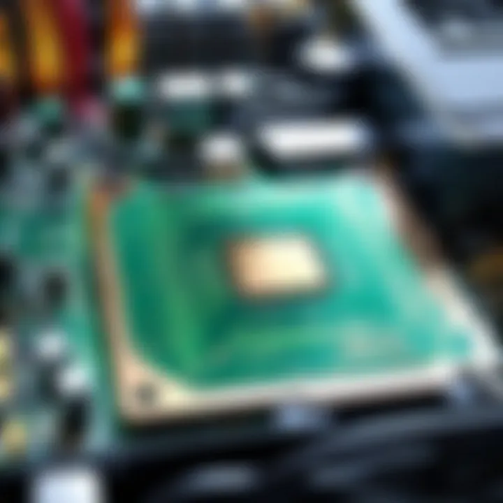 Close-up of circuit board inside used computer tower