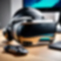 A sleek and modern VR headset displayed on a gaming desk