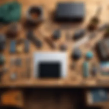 An array of crafted tools and resources laid out on a wooden table.