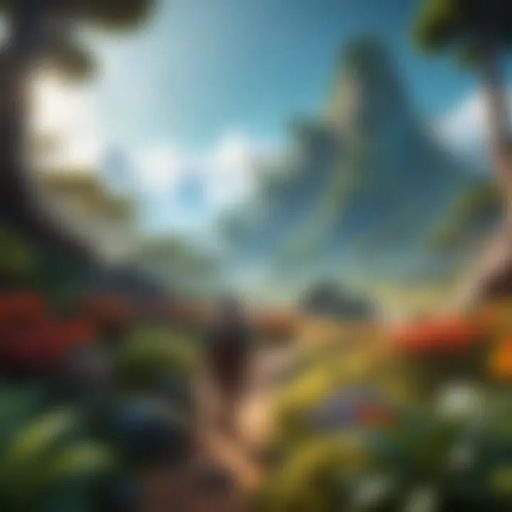 A character engaging in exploration, traversing a mystical terrain filled with exotic flora.