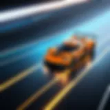 A high-speed racing scene showcasing a sleek car on a digital racetrack.