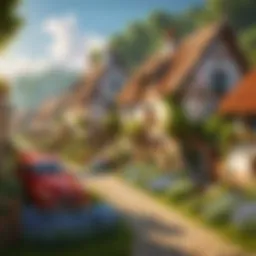 A serene village landscape with charming homes and vibrant gardens