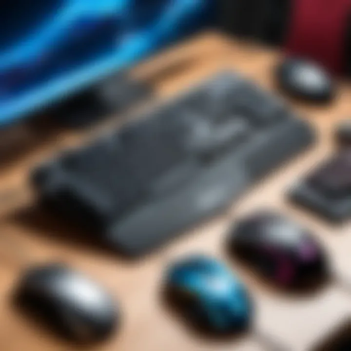 A diverse array of gaming peripherals including keyboard, mouse, and headset