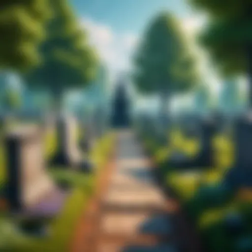 A serene graveyard landscape showcasing well-maintained graves and lush greenery