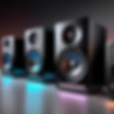 Sleek modern computer speakers emitting powerful bass