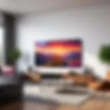 A modern living room featuring a large, ultra-high-definition television with vibrant visuals.