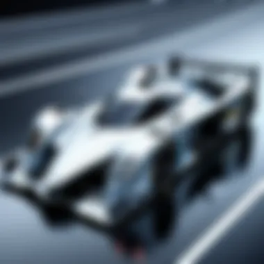 A digital rendering of a high-speed racing car on a virtual track