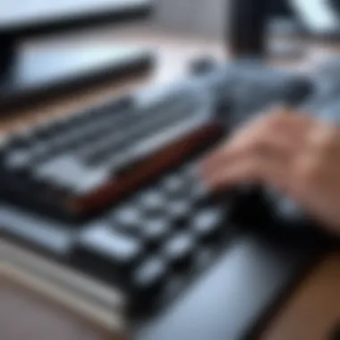 User typing on a silent mechanical keyboard in an office setting