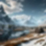 A breathtaking view of the snowy mountains of Skyrim, showcasing its iconic landscape.