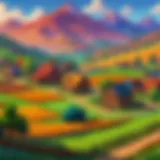 Scenic landscape of Stardew Valley with vibrant fields and mountains