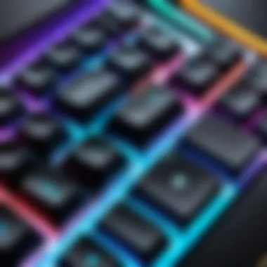 A vibrant RGB gaming keyboard showcasing customizable lighting effects