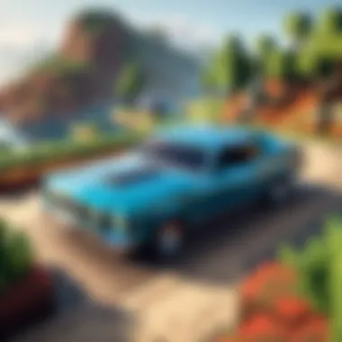 An artistically rendered Minecraft landscape featuring a Ford car model