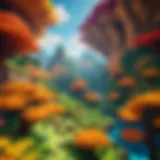 A vibrant Minecraft landscape showcasing unique biomes and structures