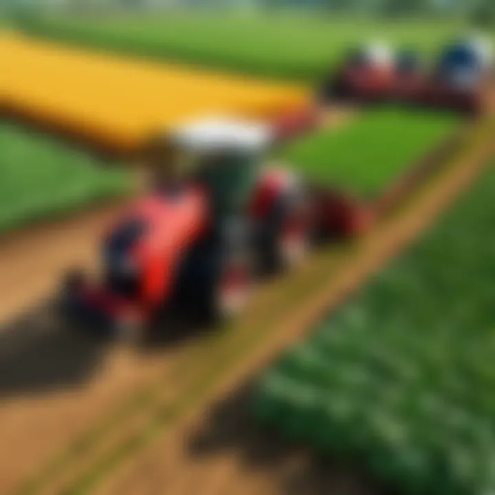 A detailed farming simulation scene featuring lush crops and realistic machinery