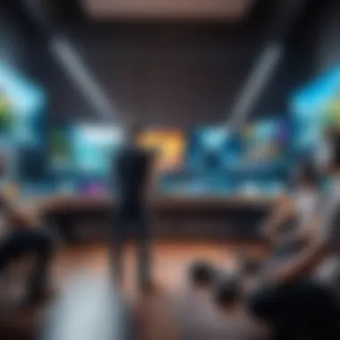 Engaging Multiplayer VR Gaming A virtual reality gaming scene showcasing players engaged in an exciting multiplayer environment