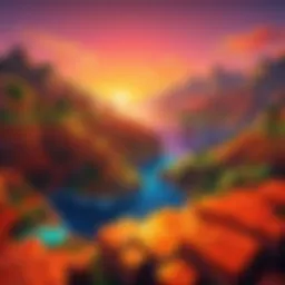 A stunning Minecraft landscape showcasing a vibrant sunset over a blocky terrain.