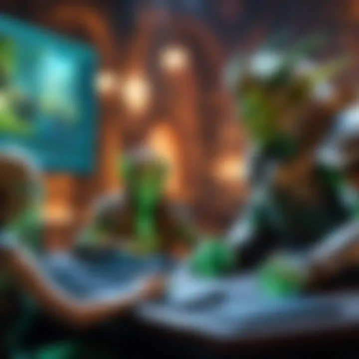 A dynamic scene depicting players engaged in a tactical discussion about Ysera Dream Card strategies.