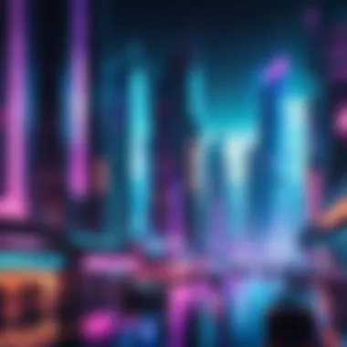 Futuristic cityscape with neon lights and skyscrapers