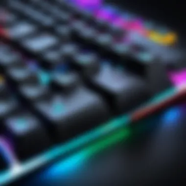 Close-up of a gaming keyboard with dynamic RGB lighting