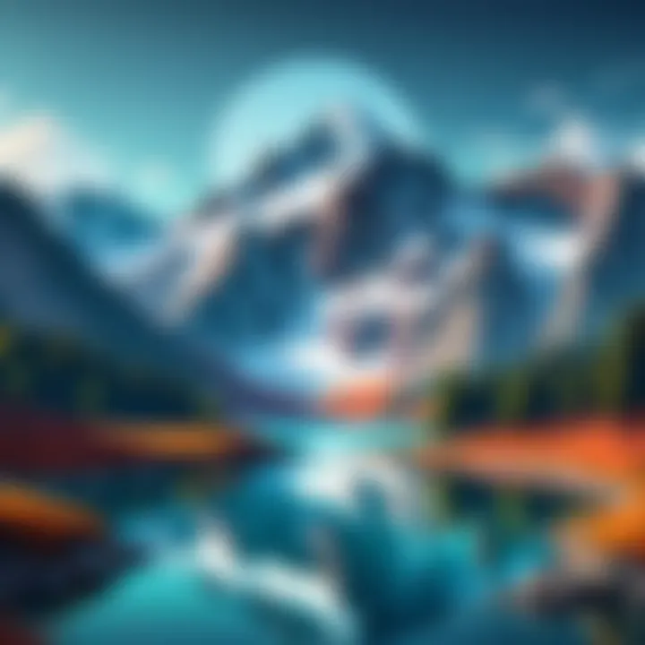 A vibrant pixel art landscape showcasing majestic mountains and a serene lake