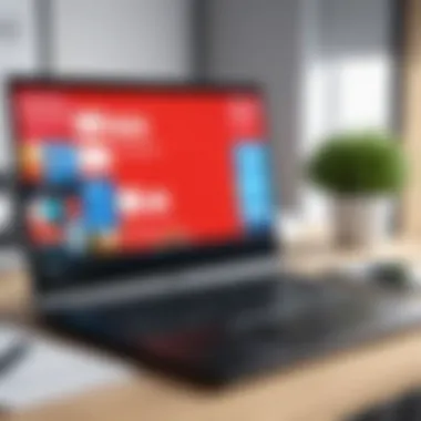 A laptop on a desk surrounded by seasonal sale signs