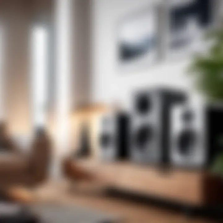 Lifestyle image of mid-size speakers in a modern living room setting.