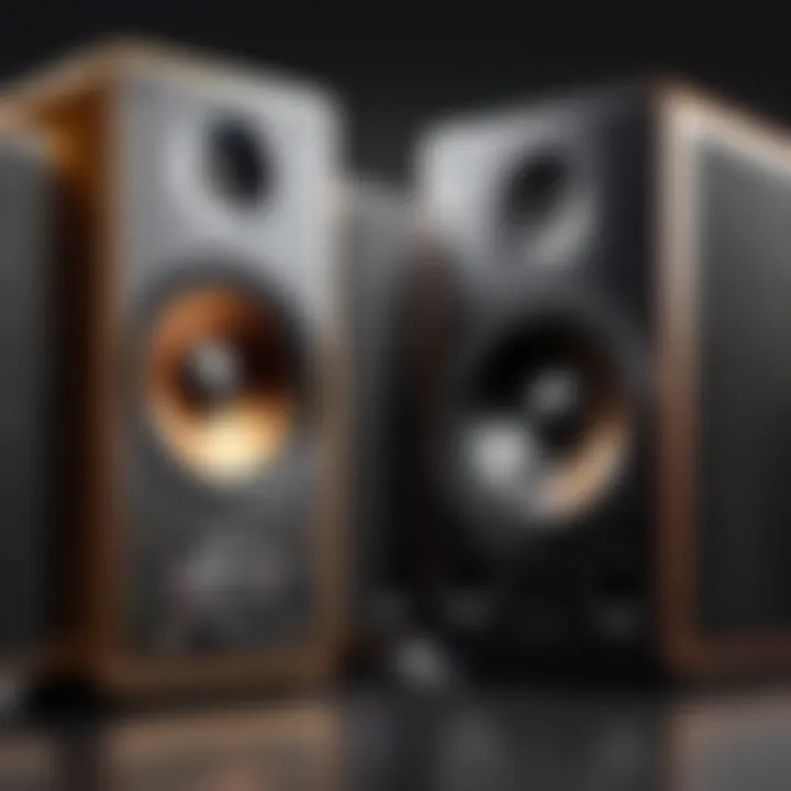 Display of various mid-size speaker models side by side emphasizing their unique features.