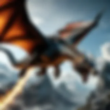 A close-up of a dragon in flight, representing the game's iconic creatures and battles.