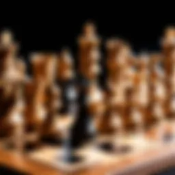 A chessboard displaying an intricate game in progress