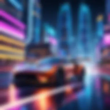 Virtual race car speeding through a neon-lit cityscape