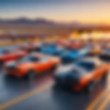 Dusk setting with customized cars lined up for a drag race