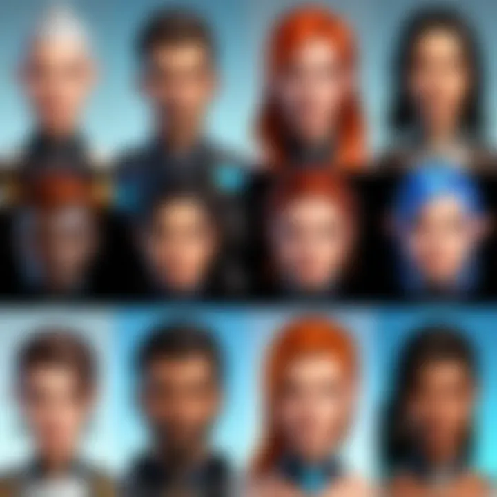 An intricate depiction of a character customization screen demonstrating diverse avatar options.