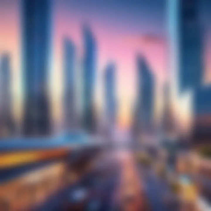 Futuristic cityscape skyline at dawn