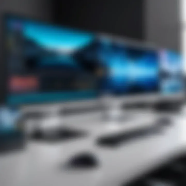 Different types of monitors arranged in a tech setting.
