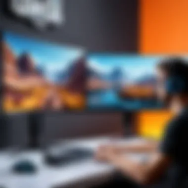Immersive Gaming Experience with Dual Monitors A gamer immersed in gameplay with a dual monitor setup at 144 Hz