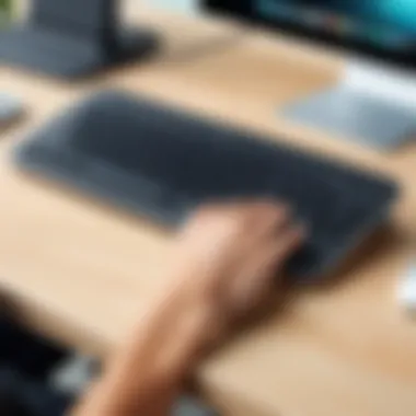 User typing on a Logitech wireless keyboard showcasing its sleek design