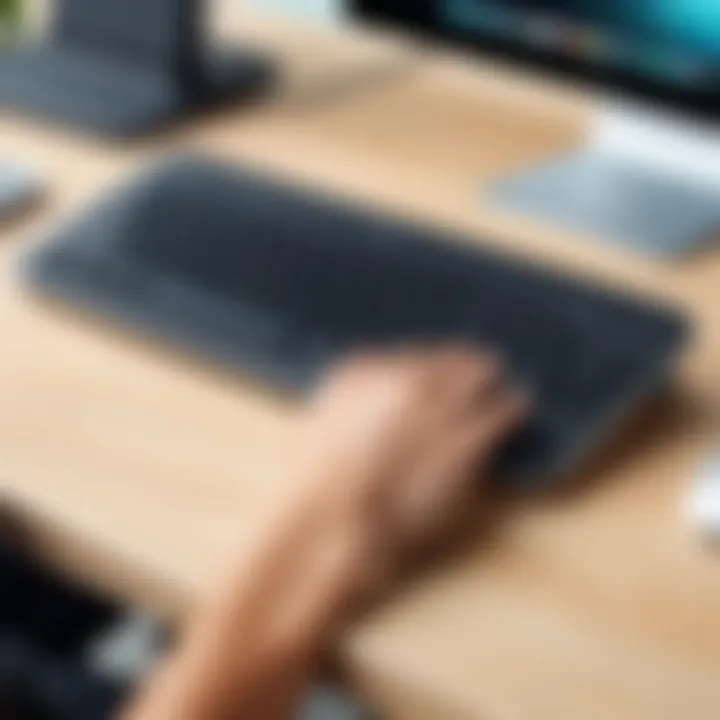 User typing on a Logitech wireless keyboard showcasing its sleek design