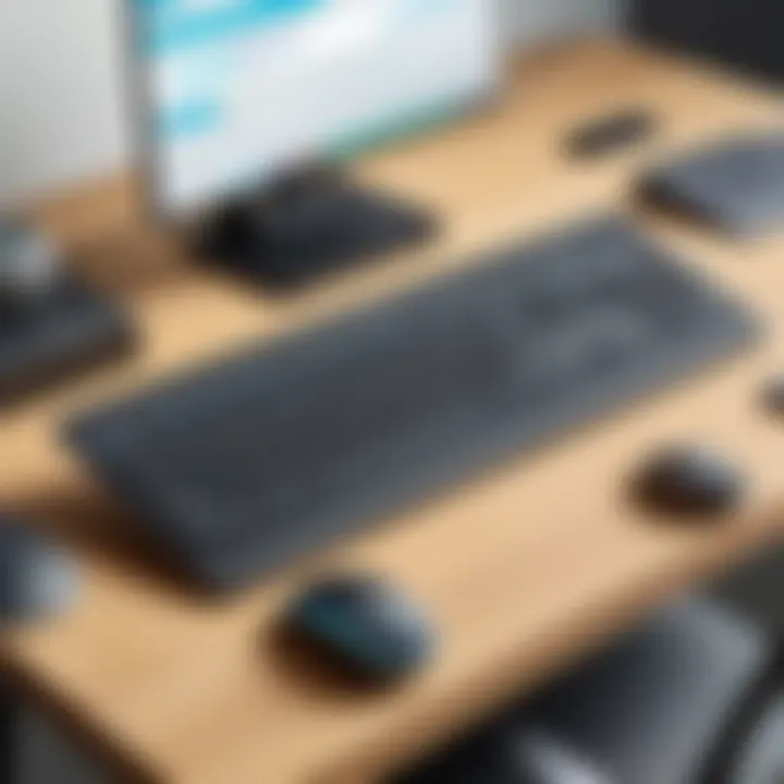 Workspace featuring Logitech wireless keyboard alongside various devices for productivity